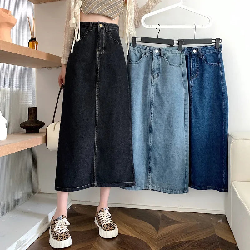 Hong Kong Style Vintage Spring Autumn Medium-length Denim Skirt For Women