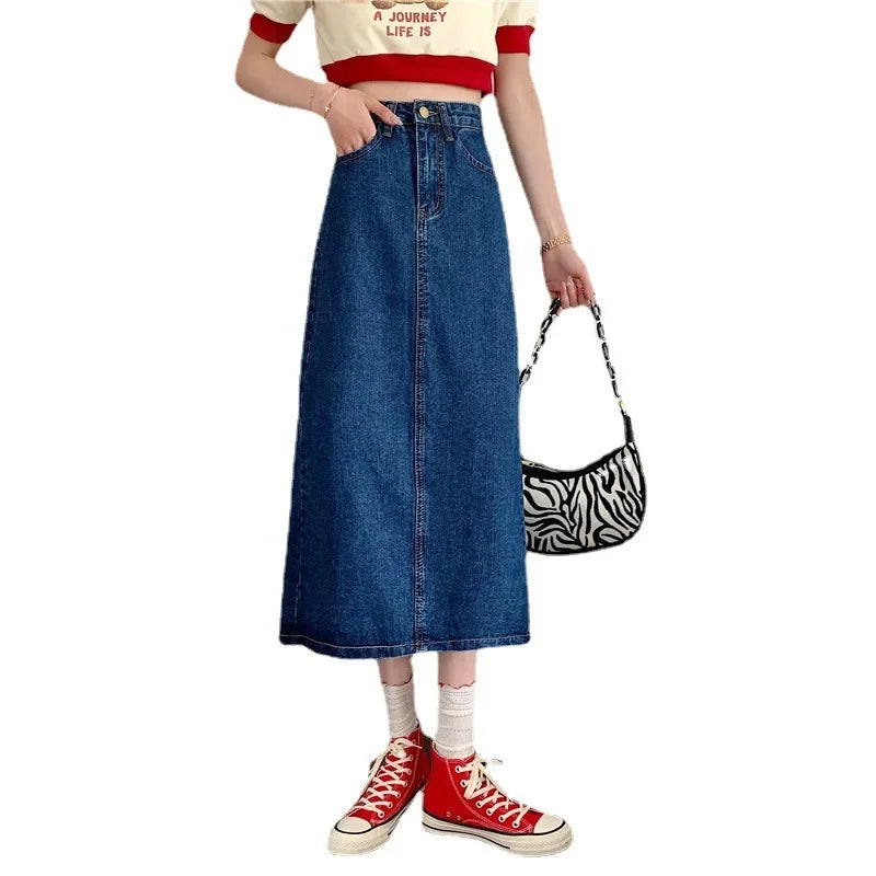 Hong Kong Style Vintage Spring Autumn Medium-length Denim Skirt For Women