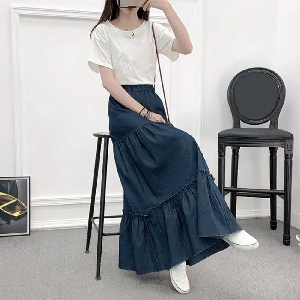 Women's Denim Jean Skirt High Waist Button Pleated Midi Skirt With Elastic Waist