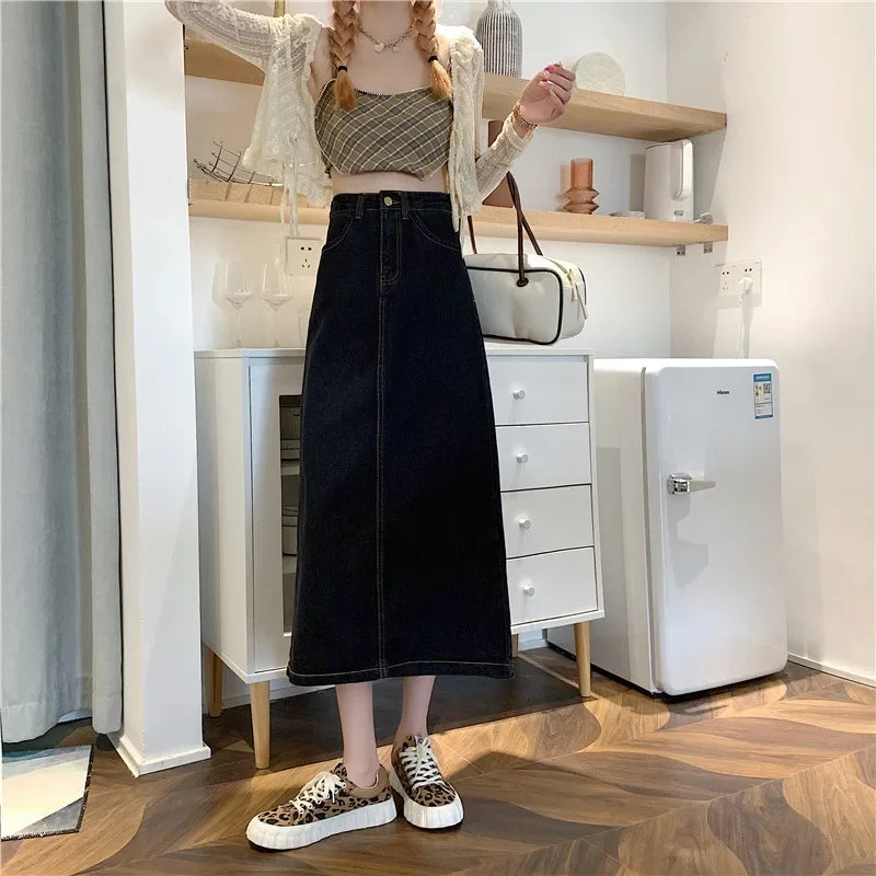 Hong Kong Style Vintage Spring Autumn Medium-length Denim Skirt For Women