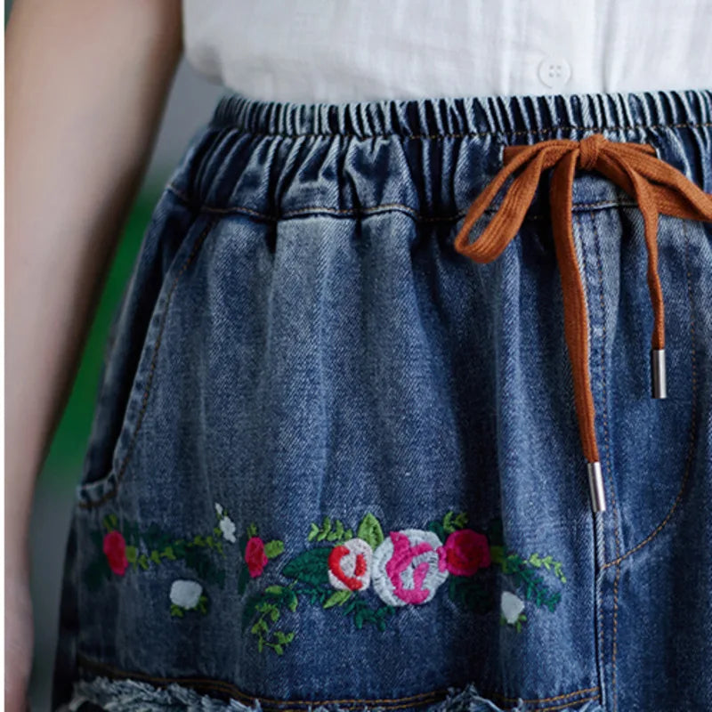 Skirts Women Embroidery Floral Vintage A-line Skirt Pockets