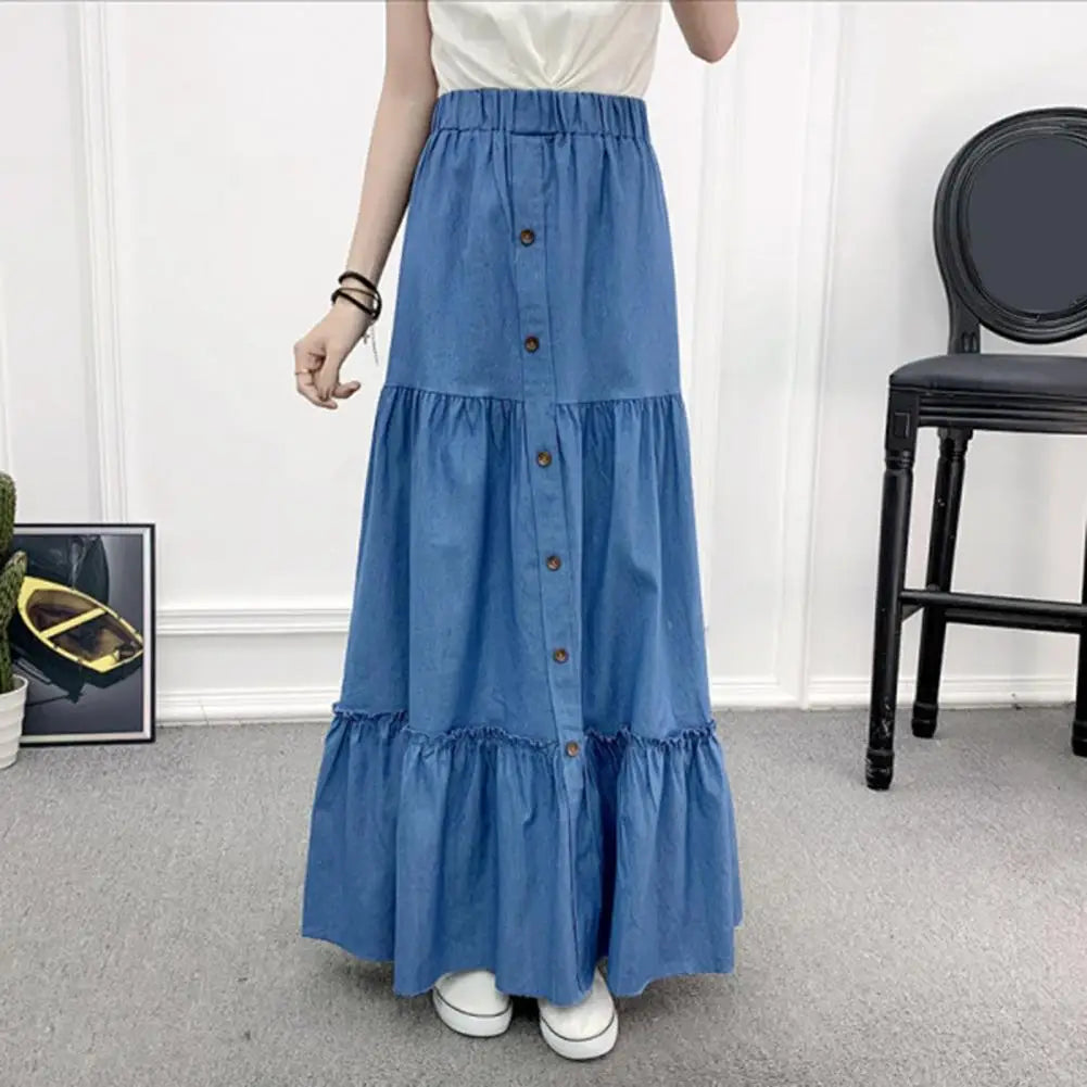 Women's Denim Jean Skirt High Waist Button Pleated Midi Skirt With Elastic Waist