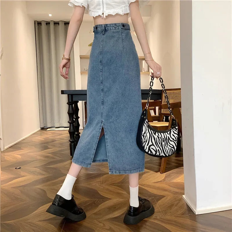 Hong Kong Style Vintage Spring Autumn Medium-length Denim Skirt For Women