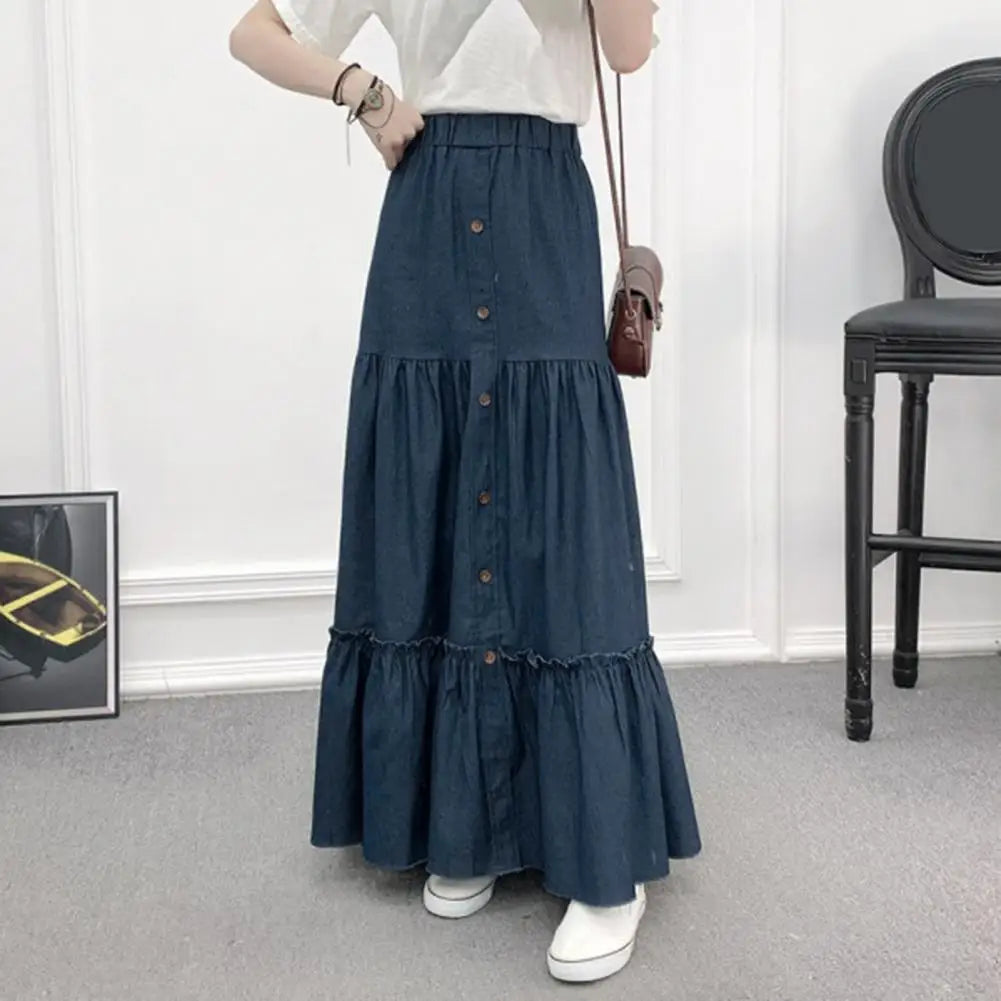 Women's Denim Jean Skirt High Waist Button Pleated Midi Skirt With Elastic Waist