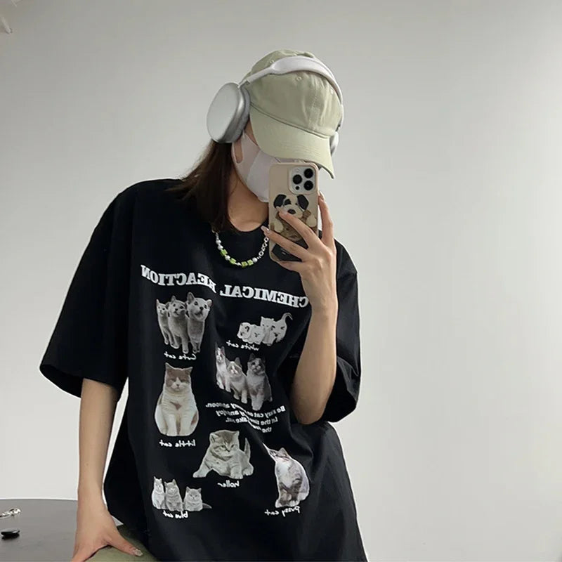 Top Women T-Shirt Oversized Cat Tees Korean Fashion