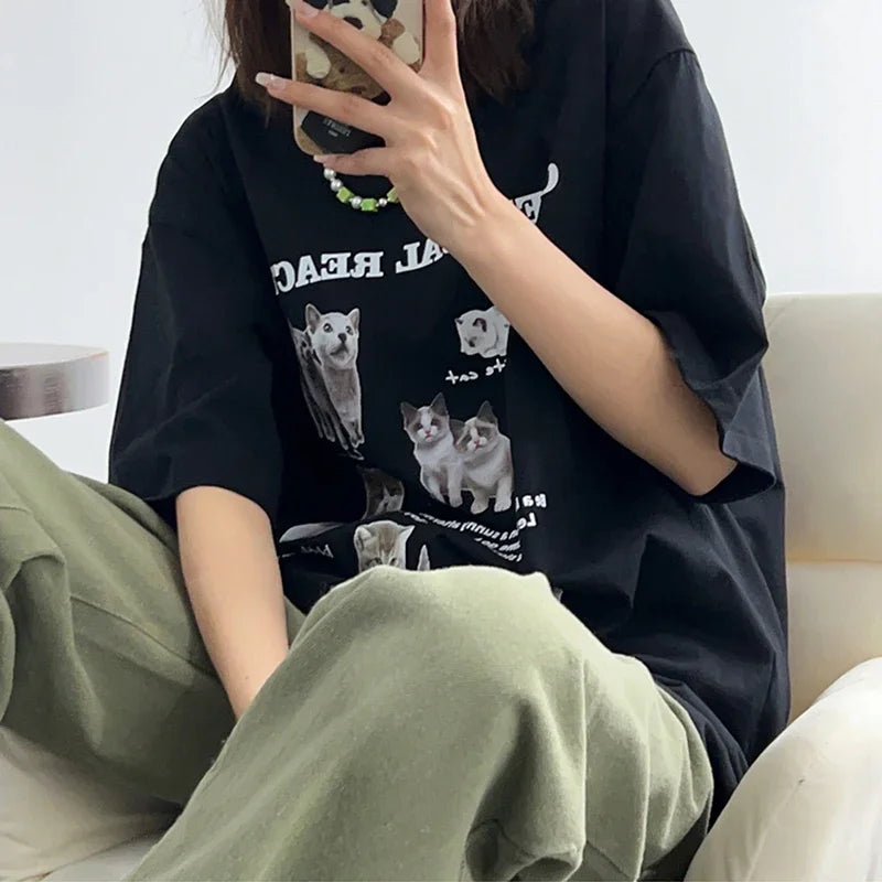 Top Women T-Shirt Oversized Cat Tees Korean Fashion