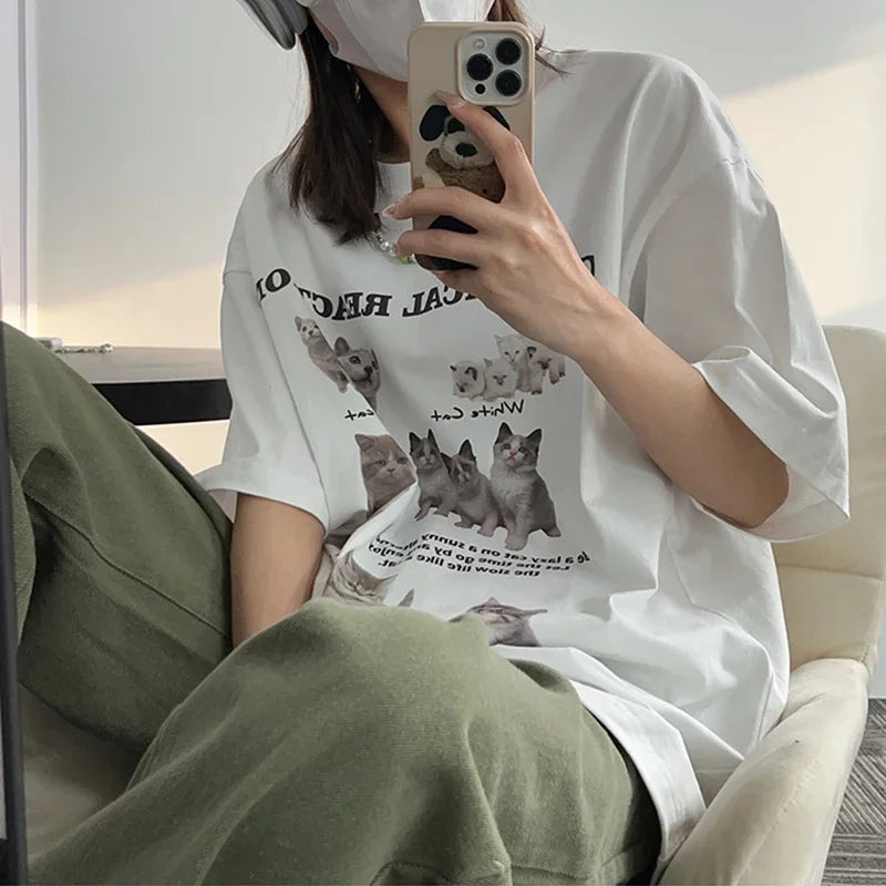 Top Women T-Shirt Oversized Cat Tees Korean Fashion