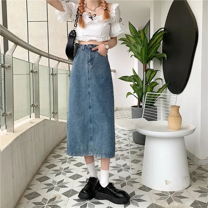 Hong Kong Style Vintage Spring Autumn Medium-length Denim Skirt For Women